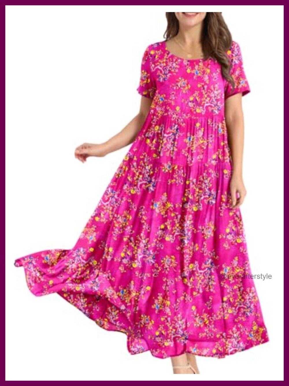 Bohemian Floral Maxi Dress with Pockets Short Sleeve Swing Summer Beach